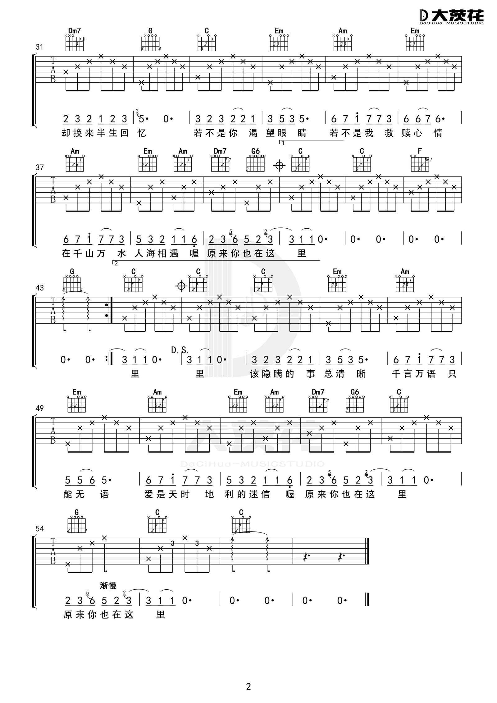 原来你也在这里吉他谱_刘若英_C调高清版_弹唱六线谱2