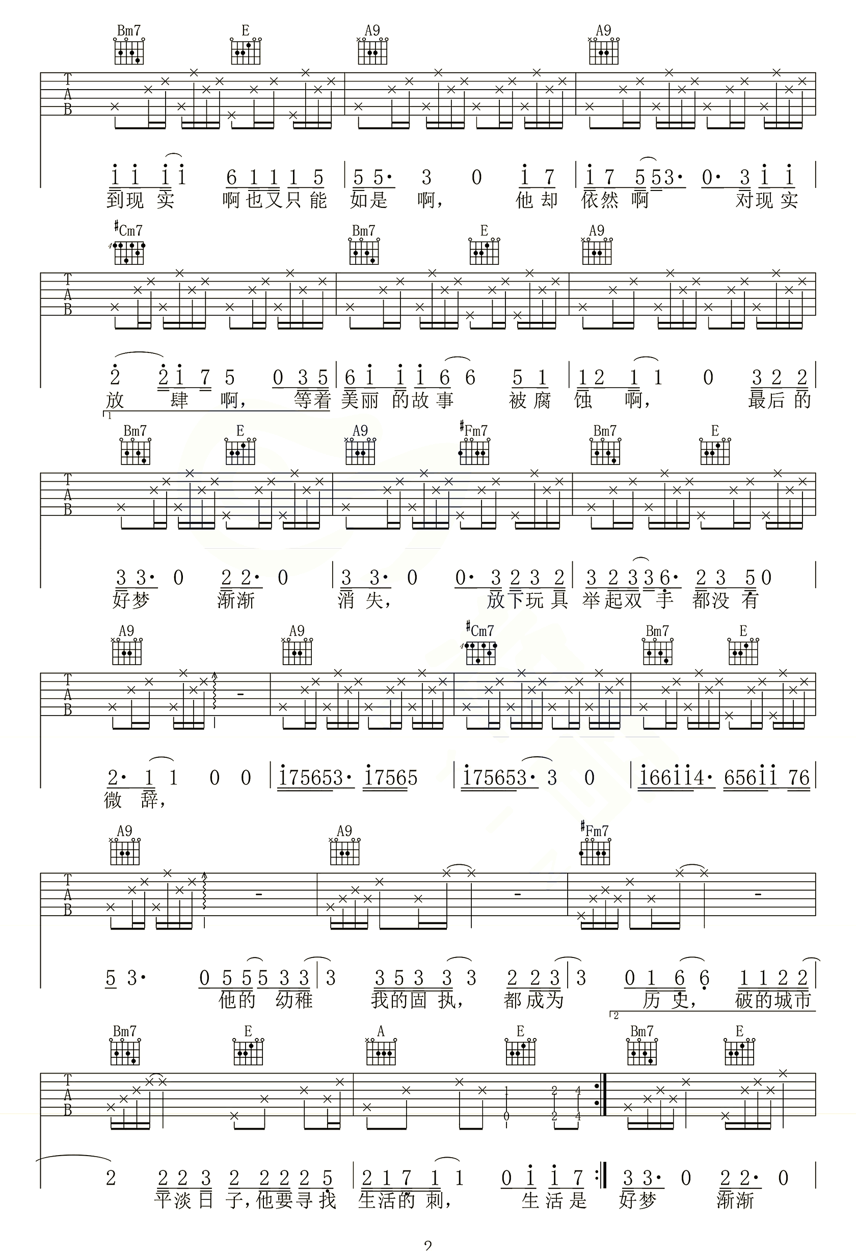 平淡日子里的刺吉他谱_宋冬野_B调原版_高清弹唱六线谱2