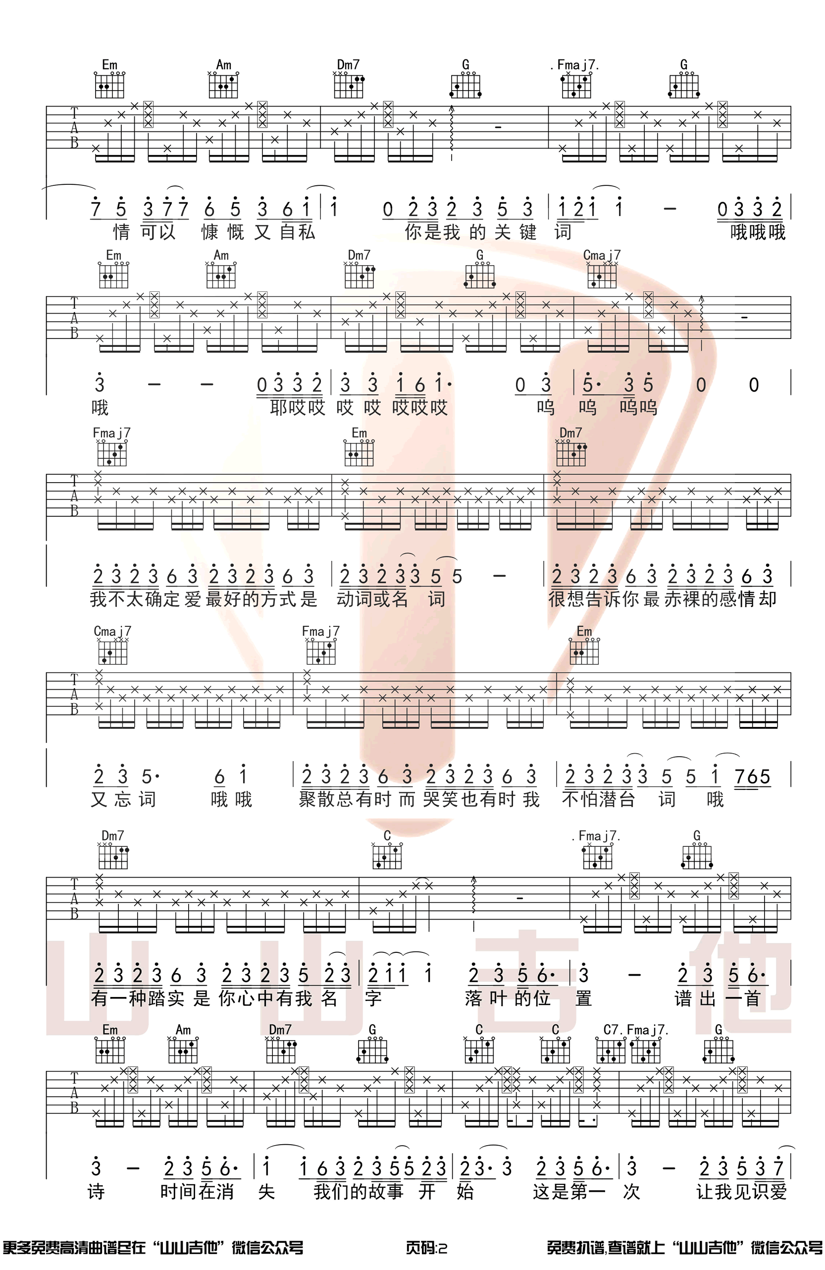 关键词吉他谱_林俊杰_C调原版六线谱_吉他弹唱教学视频2