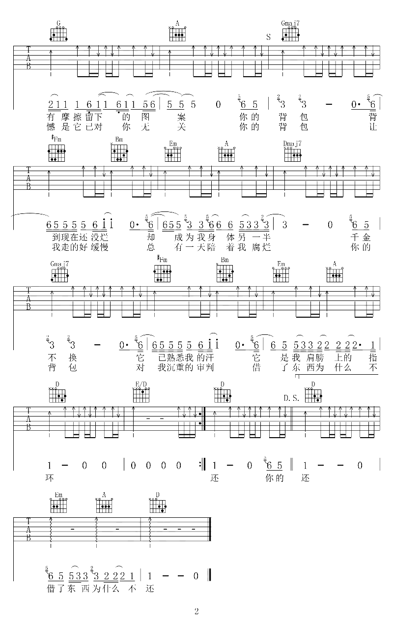 你的背包吉他谱_陈奕迅_D调扫弦版_高清弹唱六线谱2