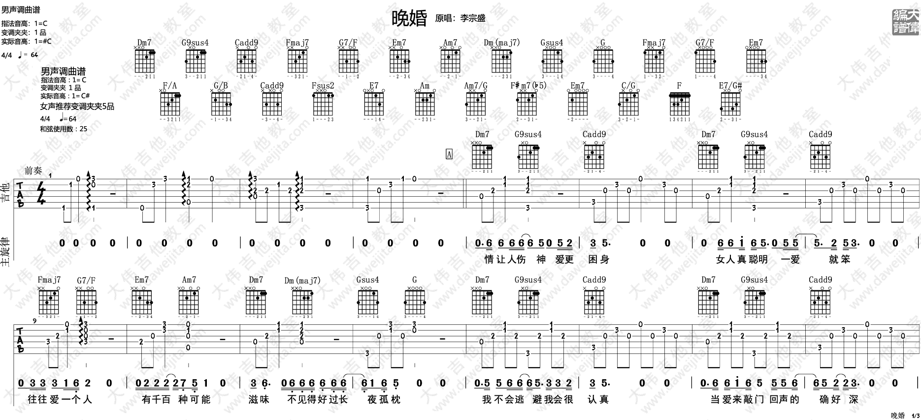 晚婚吉他谱_李宗盛_C调原版六线谱_吉他弹唱教学视频1