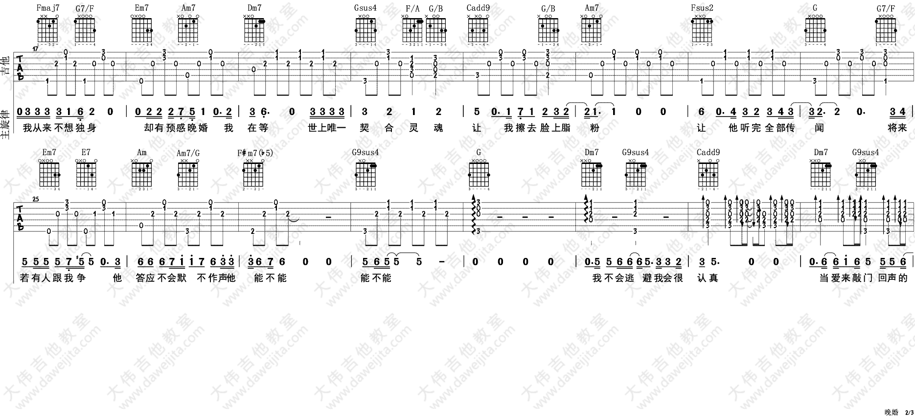晚婚吉他谱_李宗盛_C调原版六线谱_吉他弹唱教学视频2