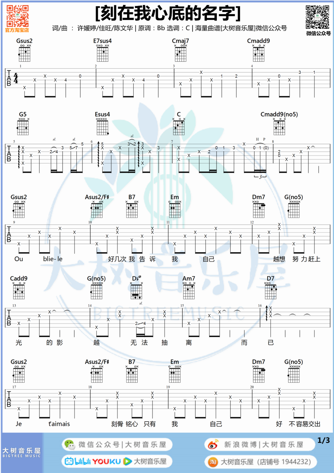 刻在我心底的名字吉他谱_卢广仲_C调六线谱_弹唱教学视频1